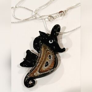 Elegant Black and Gold Blown Glass Seahorse Pendant Necklace